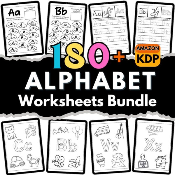 180+ Alphabet Worksheets Printable Tracing Coloring Homeschool Teacher Kids Letters Kindergarten & Prek Toddlers Handwriting Letter Practice