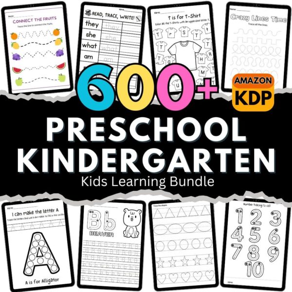 Kids Preschool Kindergarten Learning Bundle | 600+ Pages | Printable Activity Worksheets | Coloring | Dot To Dot | Tracing | Alphabet | Math